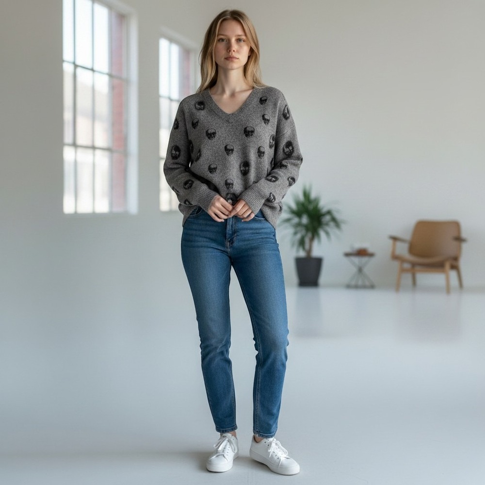 360 Cashmere Skull Cashmere Grey Sweater MED V-Neck Skull Pattern Soft Cozy